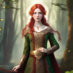 An elf with striking red hair, holding a golden bow, standing gracefully in a lush forest setting