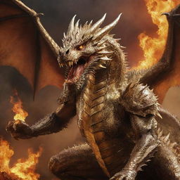 A ferocious dragon in gleaming golden armor, devouring its meal against a fiery, hellish backdrop