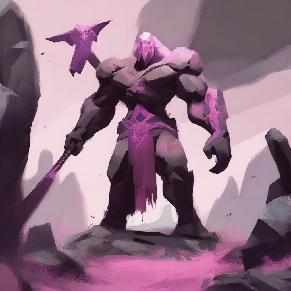 A towering stone giant wielding a pink scythe, standing in a rugged and rocky landscape