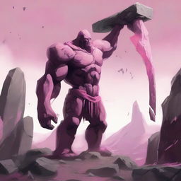 A towering stone giant wielding a pink scythe, standing in a rugged and rocky landscape