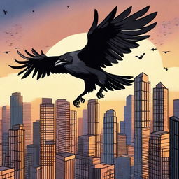 A crow-man flying over a city at dusk, with the cityscape below illuminated by street lights and the last rays of the setting sun