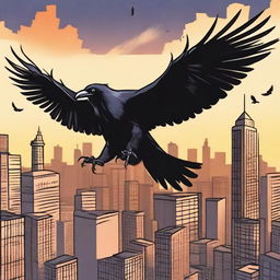 A crow-man flying over a city at dusk, with the cityscape below illuminated by street lights and the last rays of the setting sun