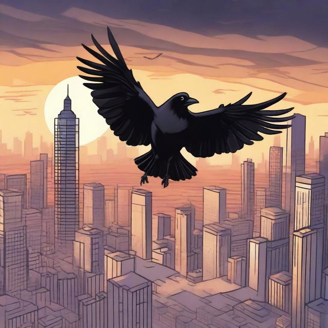 A crow-man flying over a city at dusk, with the cityscape below illuminated by street lights and the last rays of the setting sun