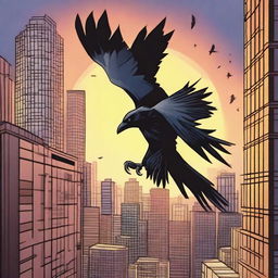 A crow-man flying over a city at dusk, with the cityscape below illuminated by street lights and the last rays of the setting sun