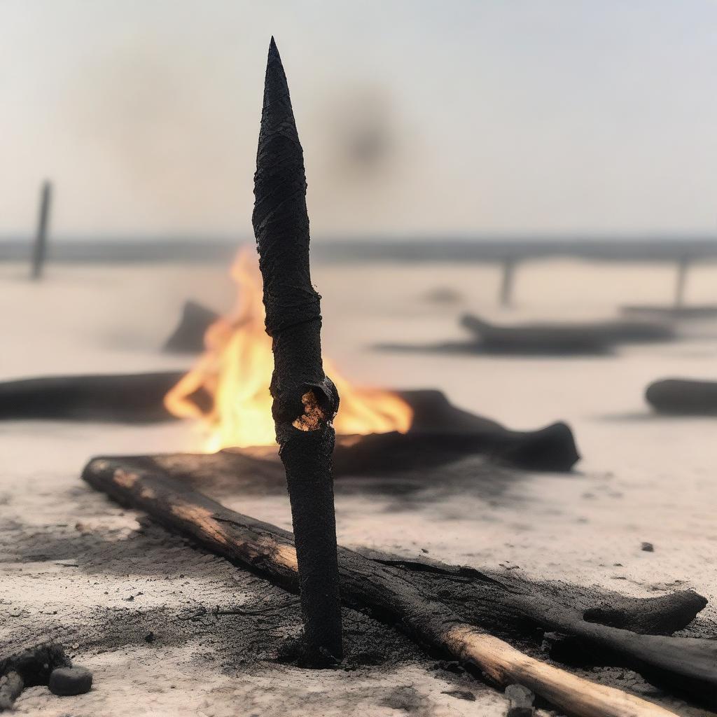 A charred and burnt spear, with smoke still rising from its blackened shaft