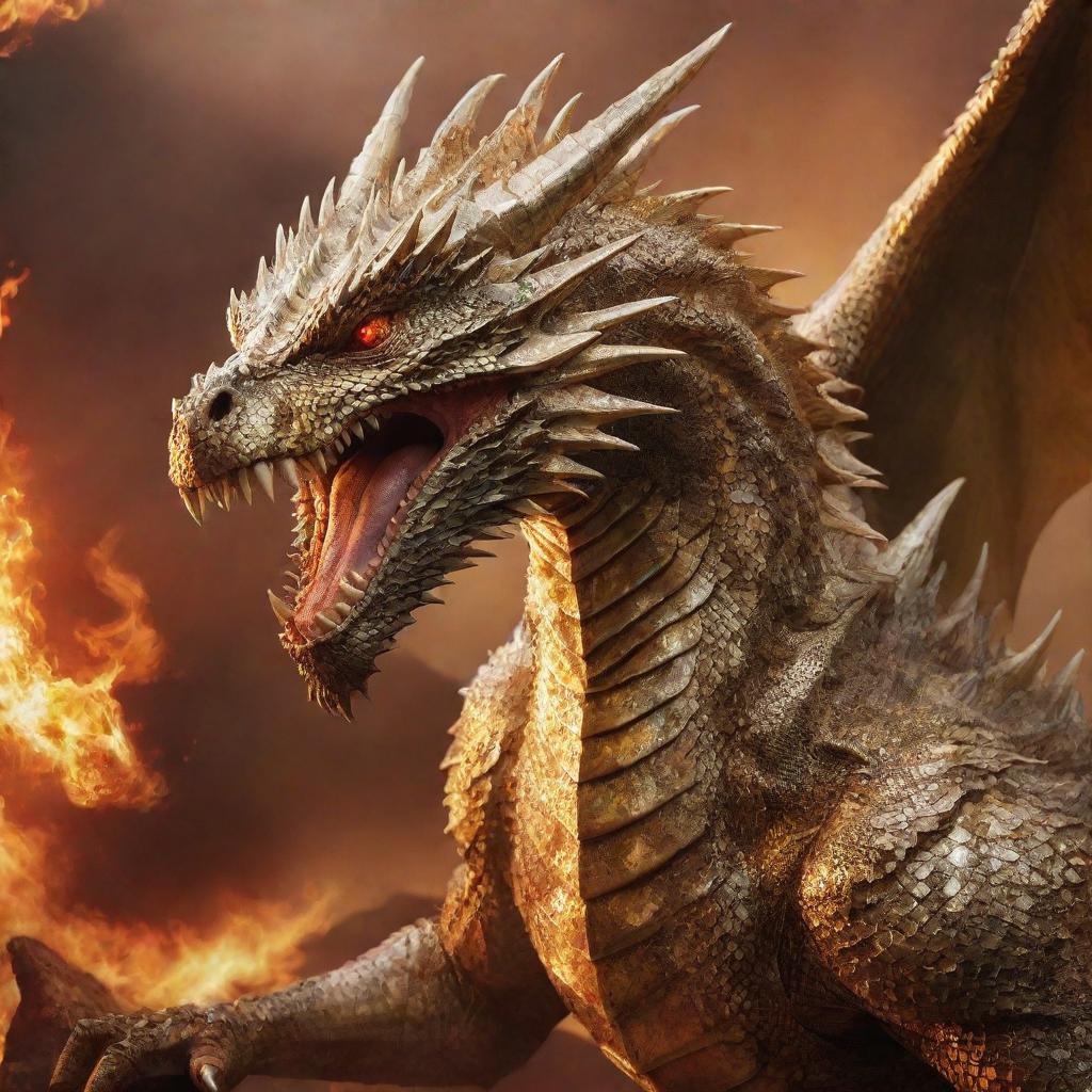 A ferocious dragon in gleaming golden armor, devouring its meal against a fiery, hellish backdrop