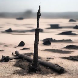 A charred and burnt spear, with smoke still rising from its blackened shaft