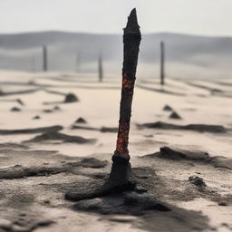 A charred and burnt spear, with smoke still rising from its blackened shaft