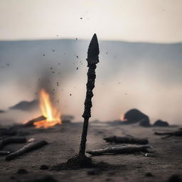 A charred and burnt spear, with smoke still rising from its blackened shaft