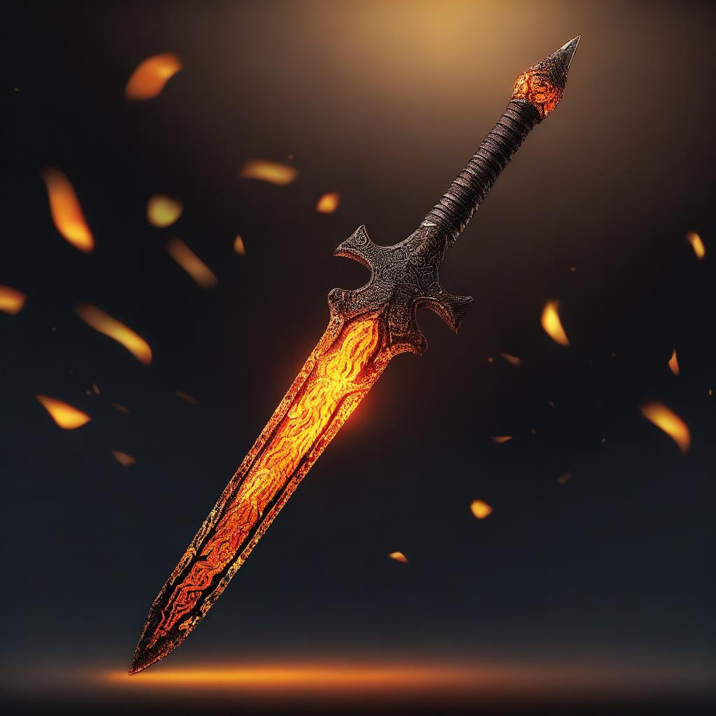 A fiery spear with flames engulfing its blade, set against a dark, dramatic background