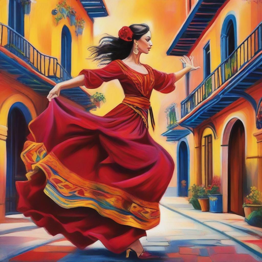 A vibrant and colorful depiction of a Spanish gypsy, dressed in traditional flamenco attire, dancing with passion and grace