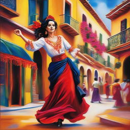 A vibrant and colorful depiction of a Spanish gypsy, dressed in traditional flamenco attire, dancing with passion and grace