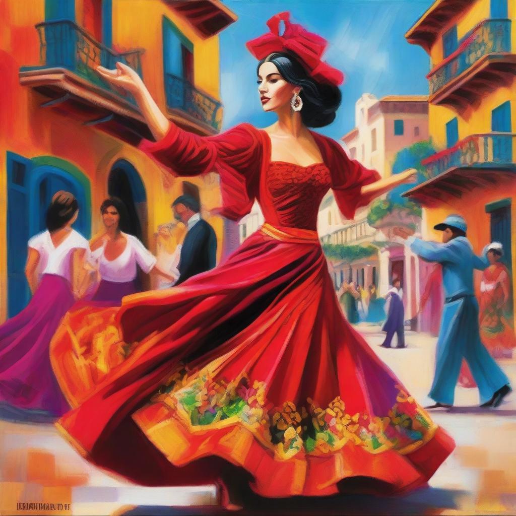 A vibrant and colorful depiction of a Spanish gypsy, dressed in traditional flamenco attire, dancing with passion and grace