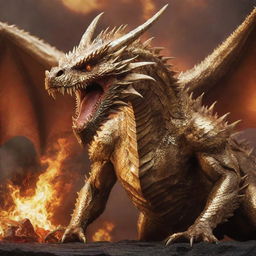 A ferocious dragon in gleaming golden armor, devouring its meal against a fiery, hellish backdrop