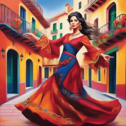 A vibrant and colorful depiction of a Spanish gypsy, dressed in traditional flamenco attire, dancing with passion and grace