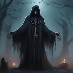 A dark and mysterious necromancer, clad in tattered robes, standing in a shadowy graveyard