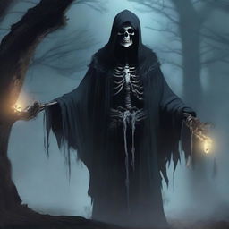 A dark and mysterious necromancer, clad in tattered robes, standing in a shadowy graveyard