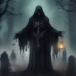 A dark and mysterious necromancer, clad in tattered robes, standing in a shadowy graveyard