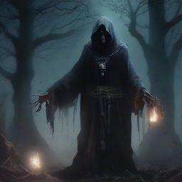 A dark and mysterious necromancer, clad in tattered robes, standing in a shadowy graveyard