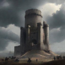 A grand battle bastion standing tall on a hilltop, fortified with towering walls and defensive structures