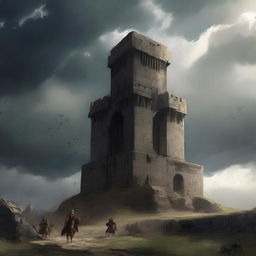 A grand battle bastion standing tall on a hilltop, fortified with towering walls and defensive structures