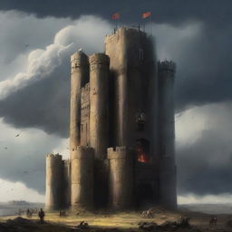 A grand battle bastion standing tall on a hilltop, fortified with towering walls and defensive structures