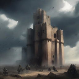 A grand battle bastion standing tall on a hilltop, fortified with towering walls and defensive structures