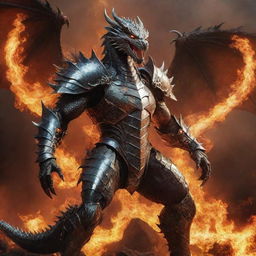 An aggressive dragon armed in a shining armored suit, standing against the infernal fiery background