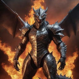 An aggressive dragon armed in a shining armored suit, standing against the infernal fiery background