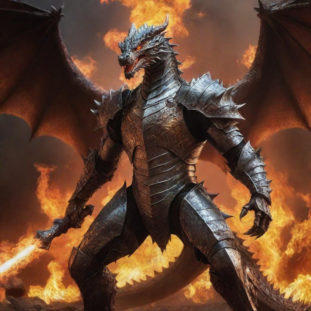 An aggressive dragon armed in a shining armored suit, standing against the infernal fiery background