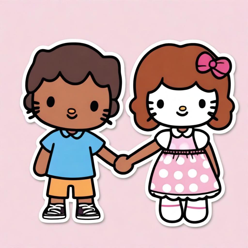 A brown-skinned boy Hello Kitty character with black/brown hair holding hands with a brown-skinned girl Hello Kitty character with auburn hair