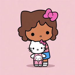 A brown-skinned boy Hello Kitty character with black/brown hair holding hands with a brown-skinned girl Hello Kitty character with auburn hair