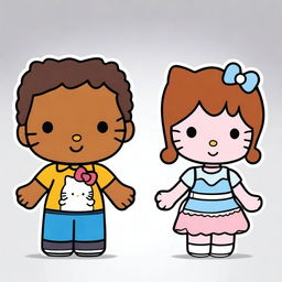 A brown-skinned boy Hello Kitty character with black/brown hair holding hands with a brown-skinned girl Hello Kitty character with auburn hair