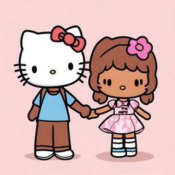 A brown-skinned boy Hello Kitty character with black/brown hair holding hands with a brown-skinned girl Hello Kitty character with auburn hair