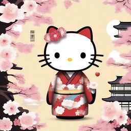 A charming illustration of Hello Kitty dressed in a traditional Japanese men's kimono