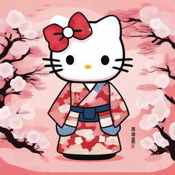 A charming illustration of Hello Kitty dressed in a traditional Japanese men's kimono