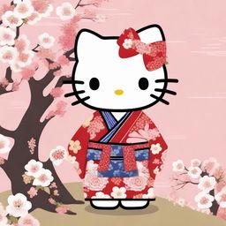 A charming illustration of Hello Kitty dressed in a traditional Japanese men's kimono