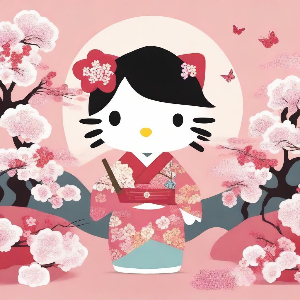 A charming illustration of Hello Kitty dressed in a traditional Japanese men's kimono