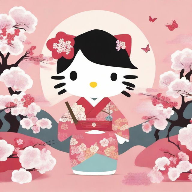 A charming illustration of Hello Kitty dressed in a traditional Japanese men's kimono