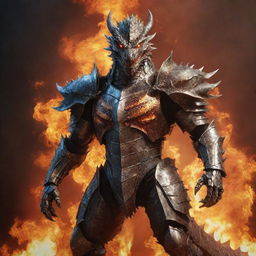 An aggressive dragon armed in a shining armored suit, standing against the infernal fiery background