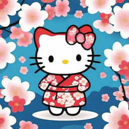 A charming and playful illustration of Hello Kitty wearing a traditional male yukata