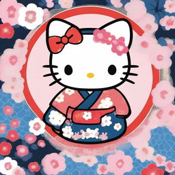 A charming and playful illustration of Hello Kitty wearing a traditional male yukata