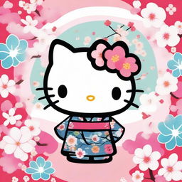 A charming and playful illustration of Hello Kitty wearing a traditional male yukata