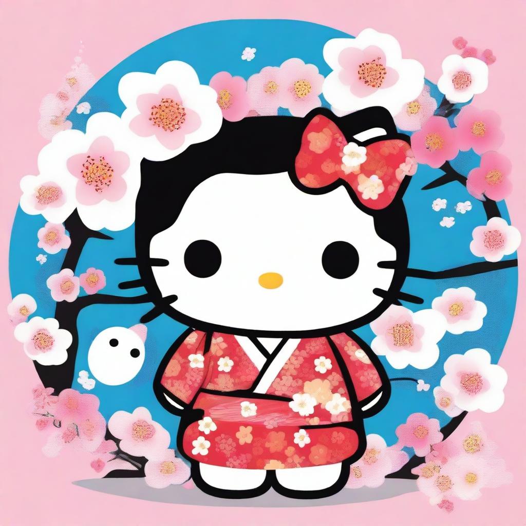 A charming and playful illustration of Hello Kitty wearing a traditional male yukata