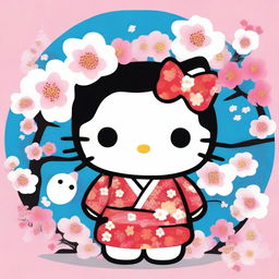 A charming and playful illustration of Hello Kitty wearing a traditional male yukata