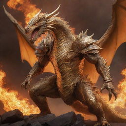 A ferocious dragon sheathed in radiant golden armor in an attack stance, set against a fiery, hellish backdrop