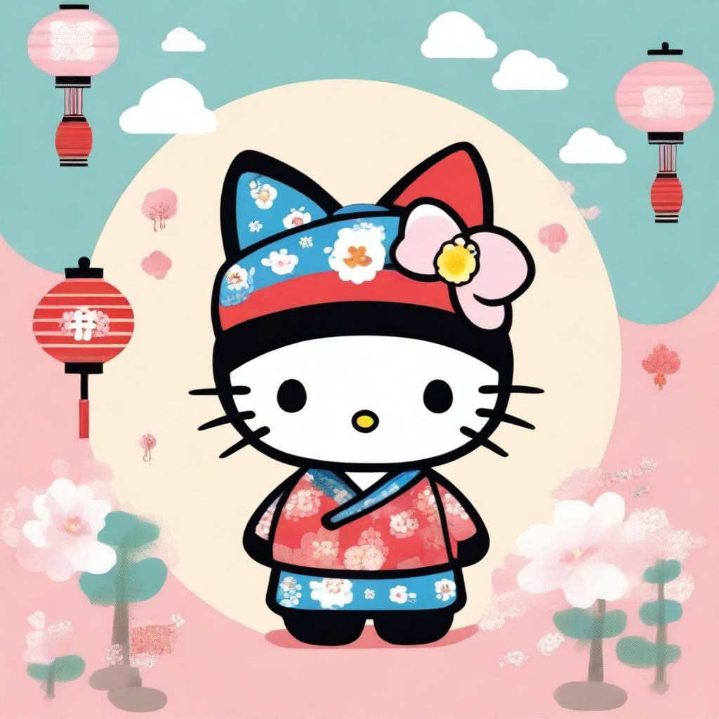 A charming and playful illustration of Hello Kitty wearing a traditional male hanbok