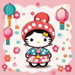 A charming and playful illustration of Hello Kitty wearing a traditional male hanbok