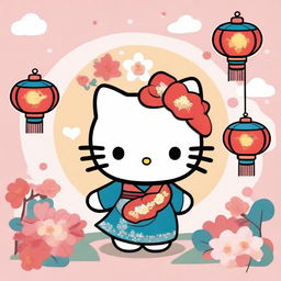 A charming and playful illustration of Hello Kitty wearing a traditional male hanbok