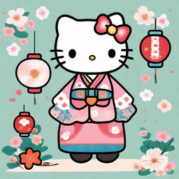 A charming and playful illustration of Hello Kitty wearing a traditional male hanbok